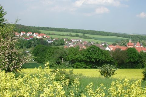 Blick auf Meßbach über blühende Wiesen