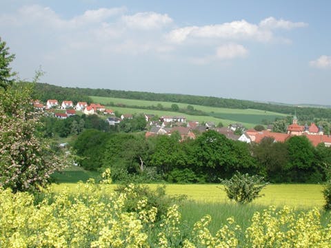 Blick auf Meßbach über blühende Wiesen
